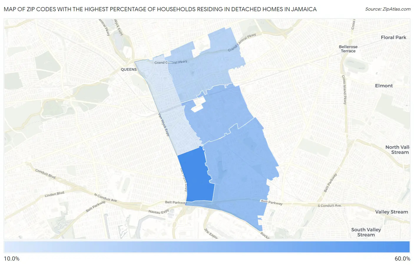 Zip Codes with the Highest Percentage of Households Residing in Detached Homes in Jamaica Map