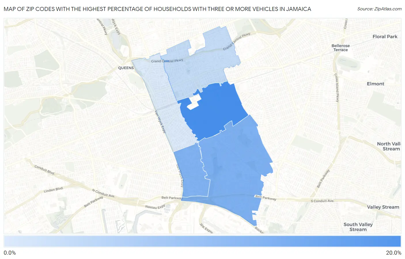 Zip Codes with the Highest Percentage of Households With Three or more Vehicles in Jamaica Map