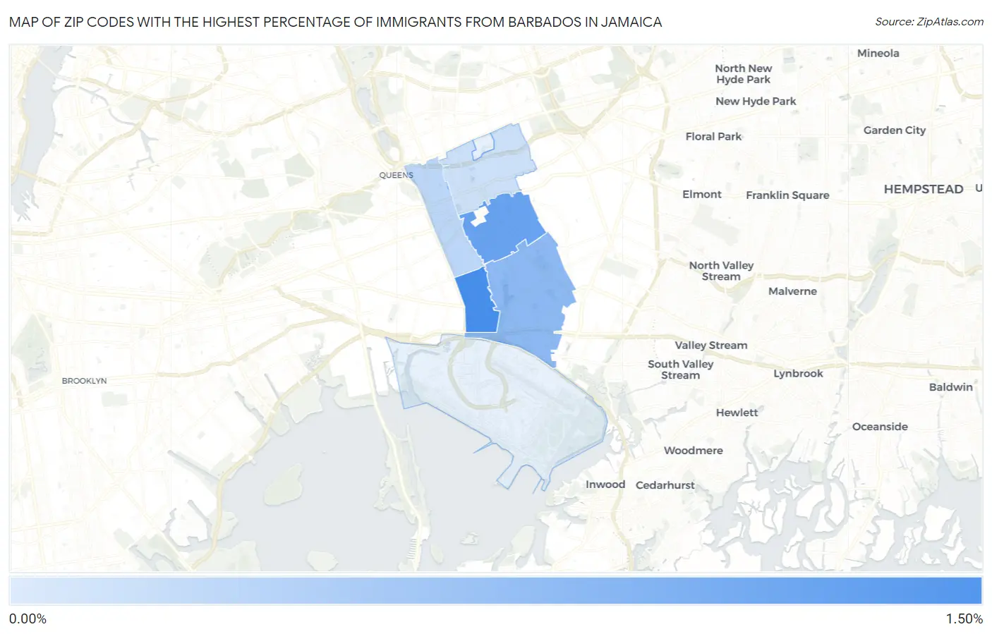 Zip Codes with the Highest Percentage of Immigrants from Barbados in Jamaica Map