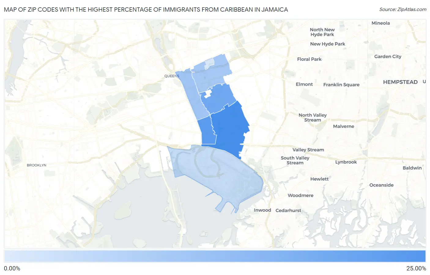 Zip Codes with the Highest Percentage of Immigrants from Caribbean in Jamaica Map