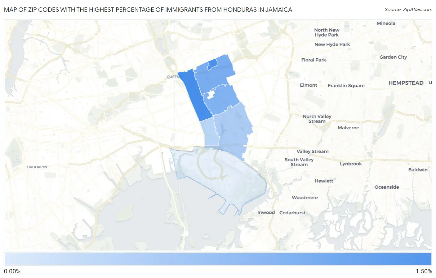 Zip Codes with the Highest Percentage of Immigrants from Honduras in Jamaica Map