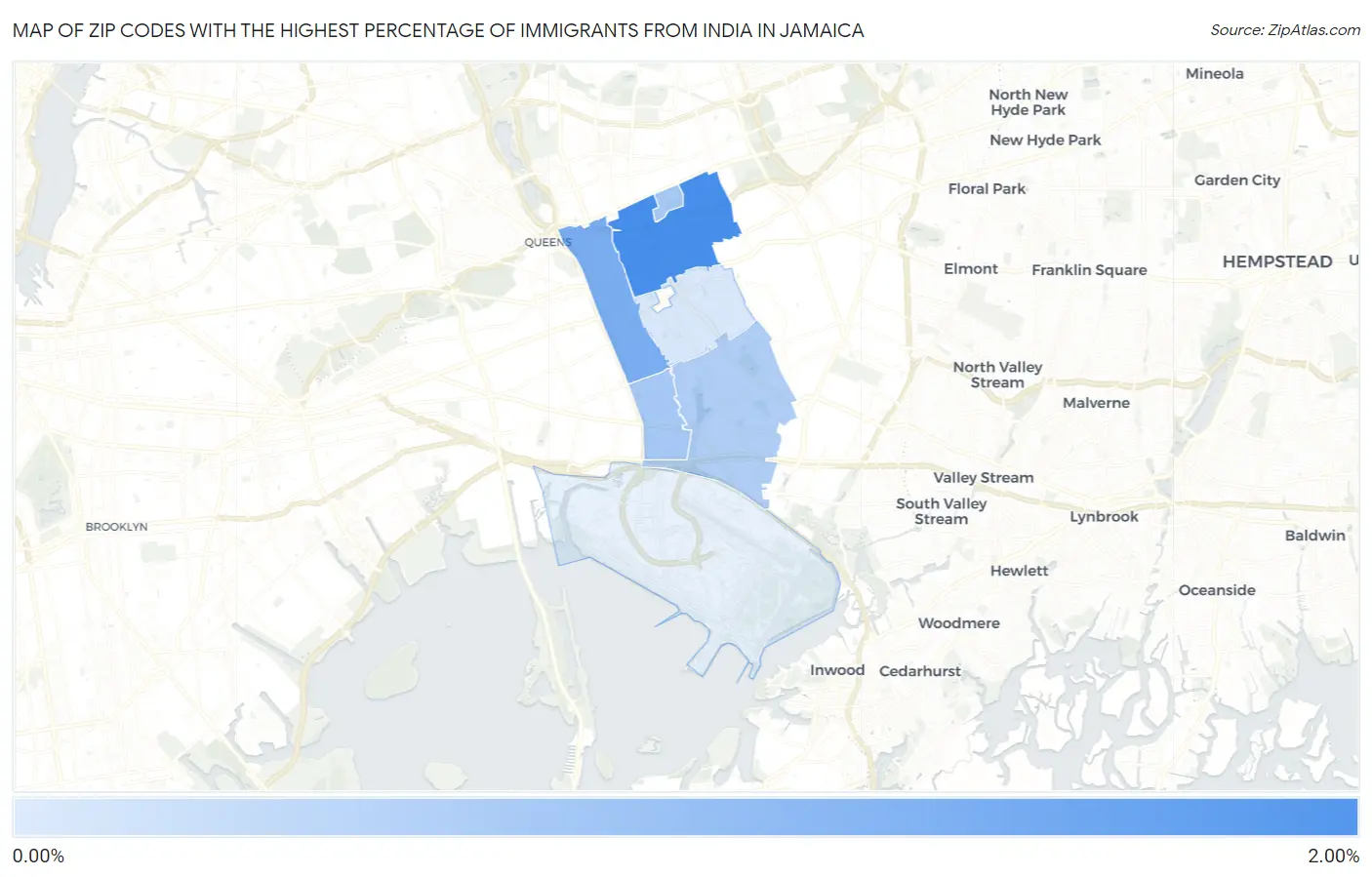 Zip Codes with the Highest Percentage of Immigrants from India in Jamaica Map