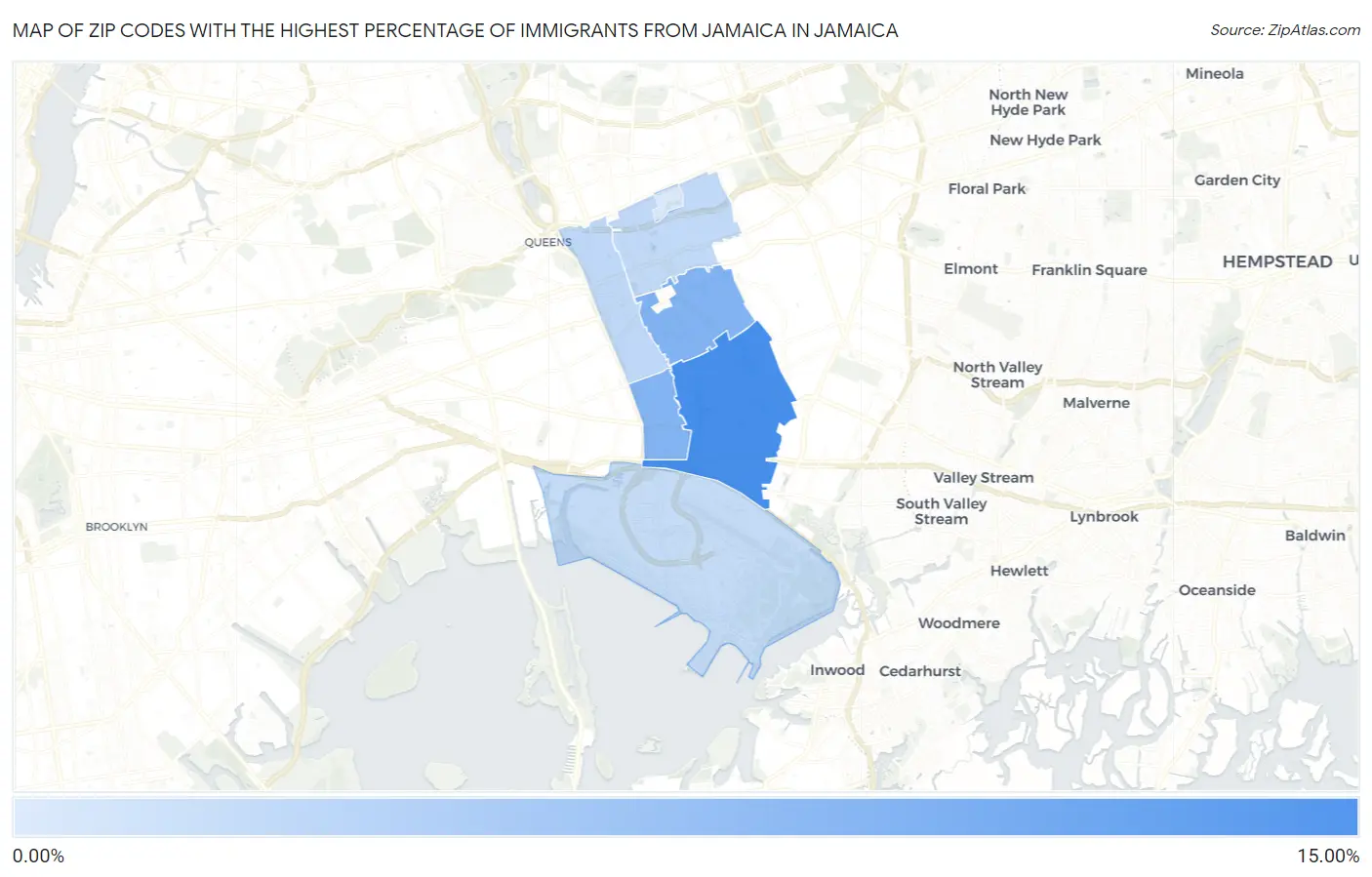 Zip Codes with the Highest Percentage of Immigrants from Jamaica in Jamaica Map