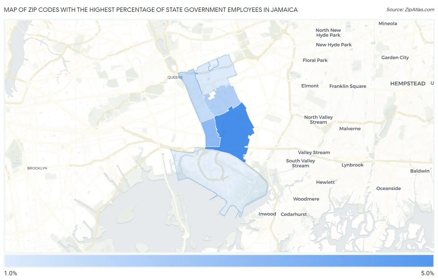 Zip Codes with the Highest Percentage of State Government Employees in Jamaica Map