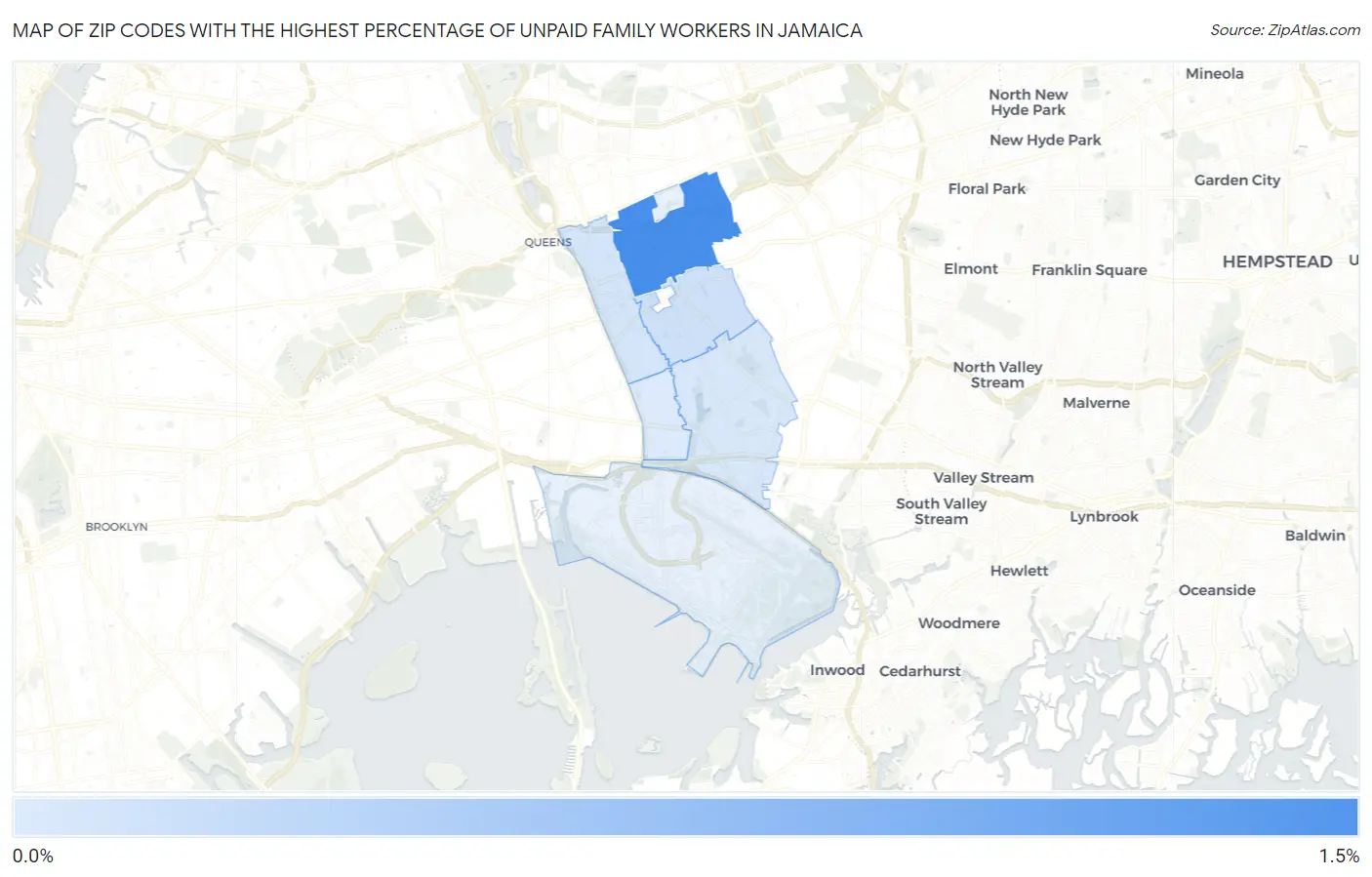 Zip Codes with the Highest Percentage of Unpaid Family Workers in Jamaica Map