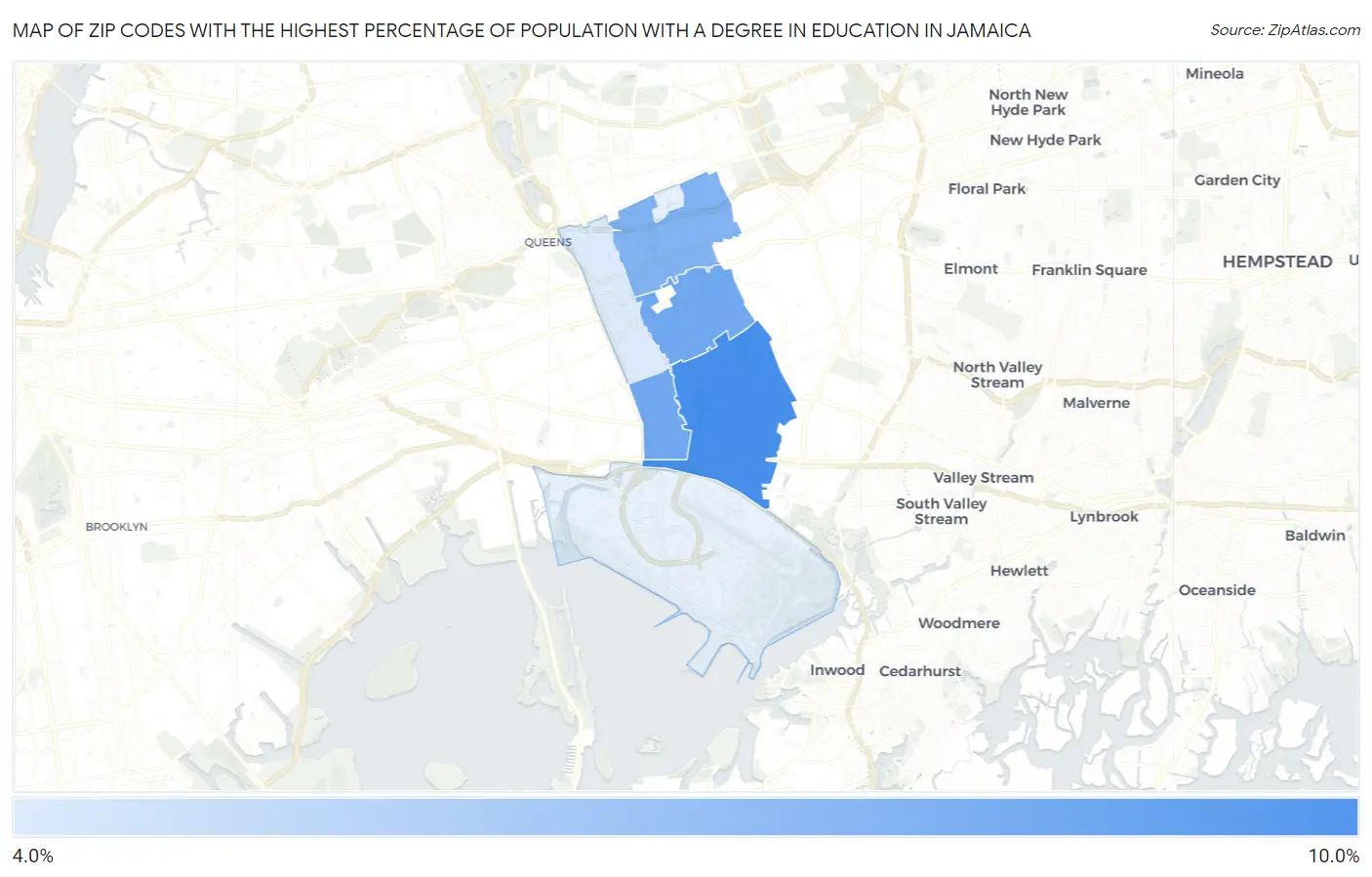 Zip Codes with the Highest Percentage of Population with a Degree in Education in Jamaica Map