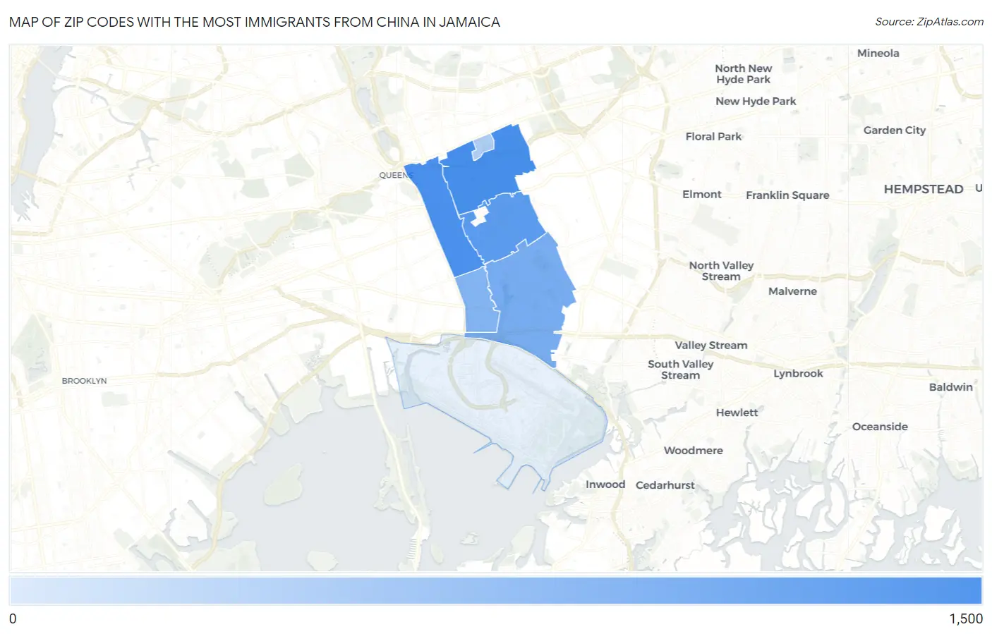 Zip Codes with the Most Immigrants from China in Jamaica Map