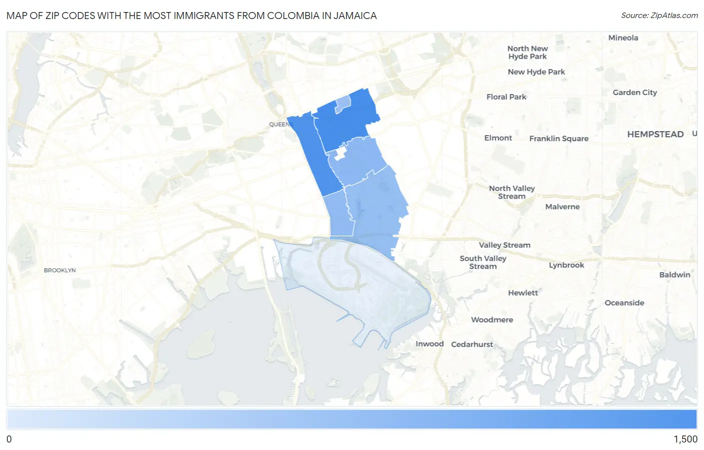 Zip Codes with the Most Immigrants from Colombia in Jamaica Map