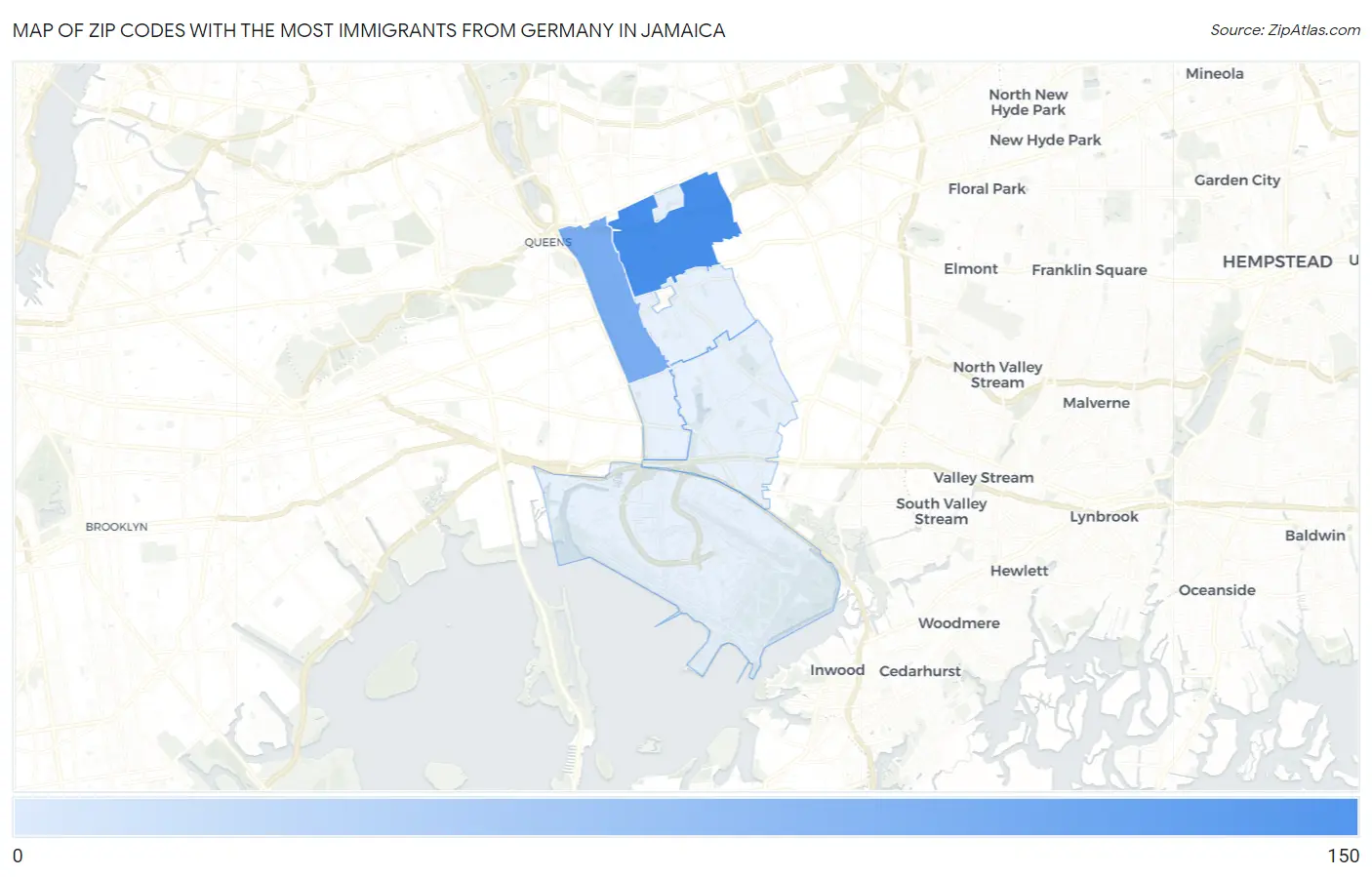 Zip Codes with the Most Immigrants from Germany in Jamaica Map