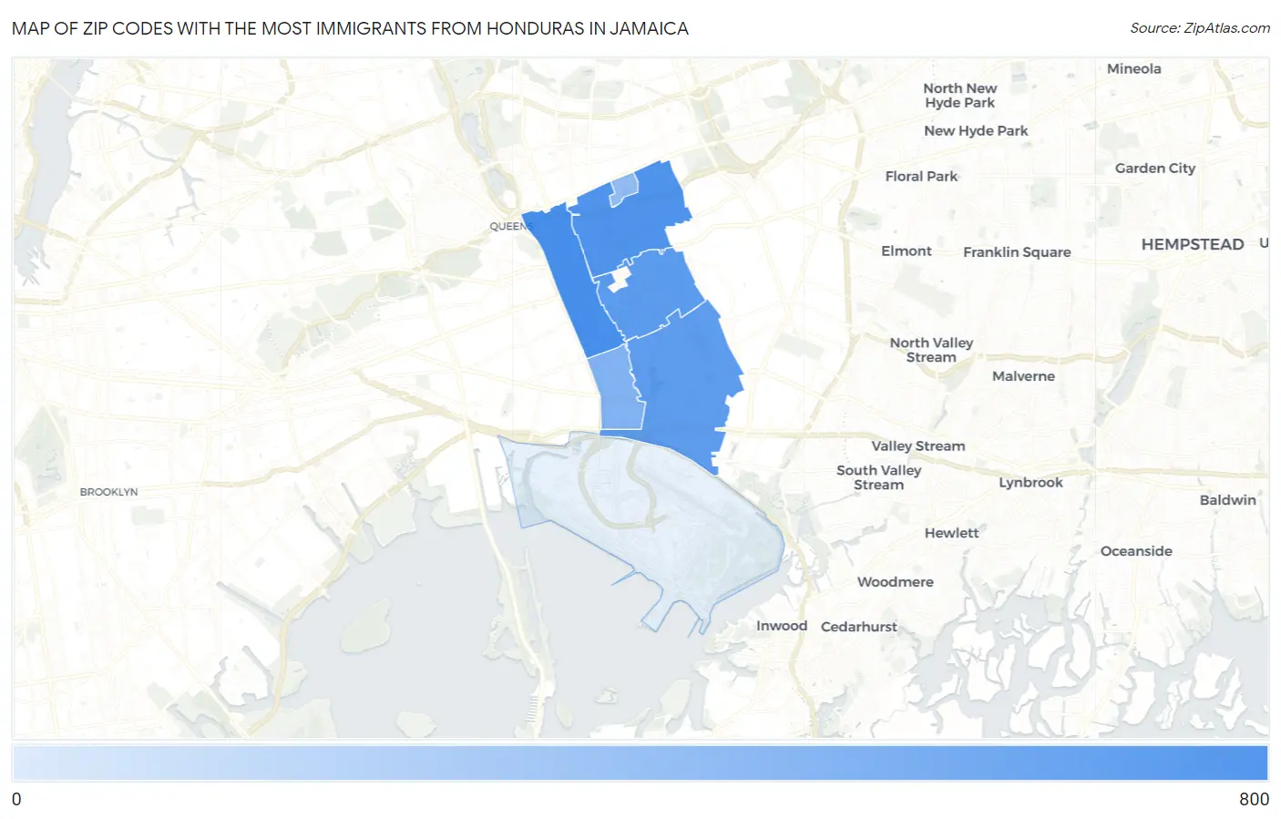 Zip Codes with the Most Immigrants from Honduras in Jamaica Map