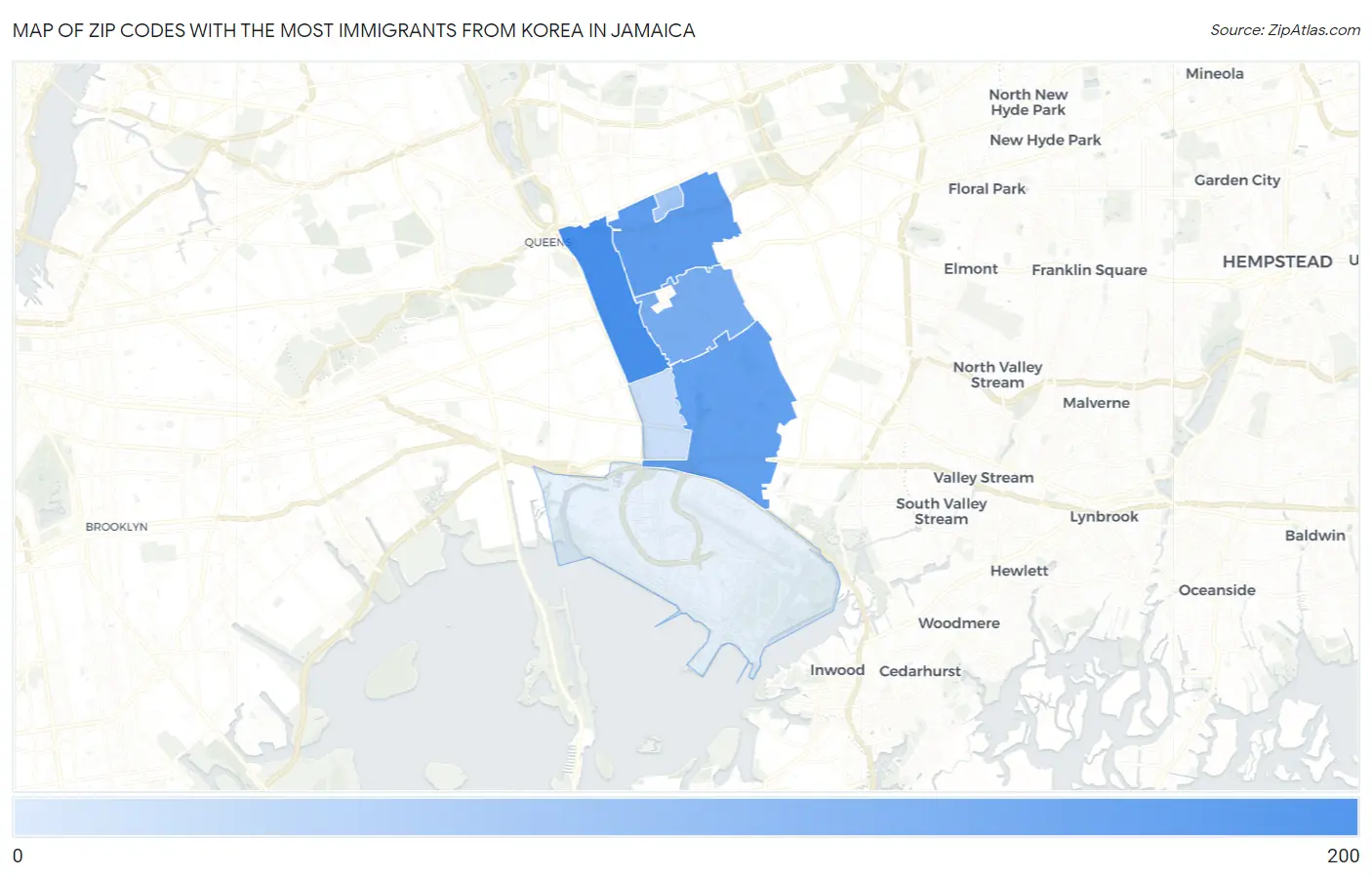 Zip Codes with the Most Immigrants from Korea in Jamaica Map