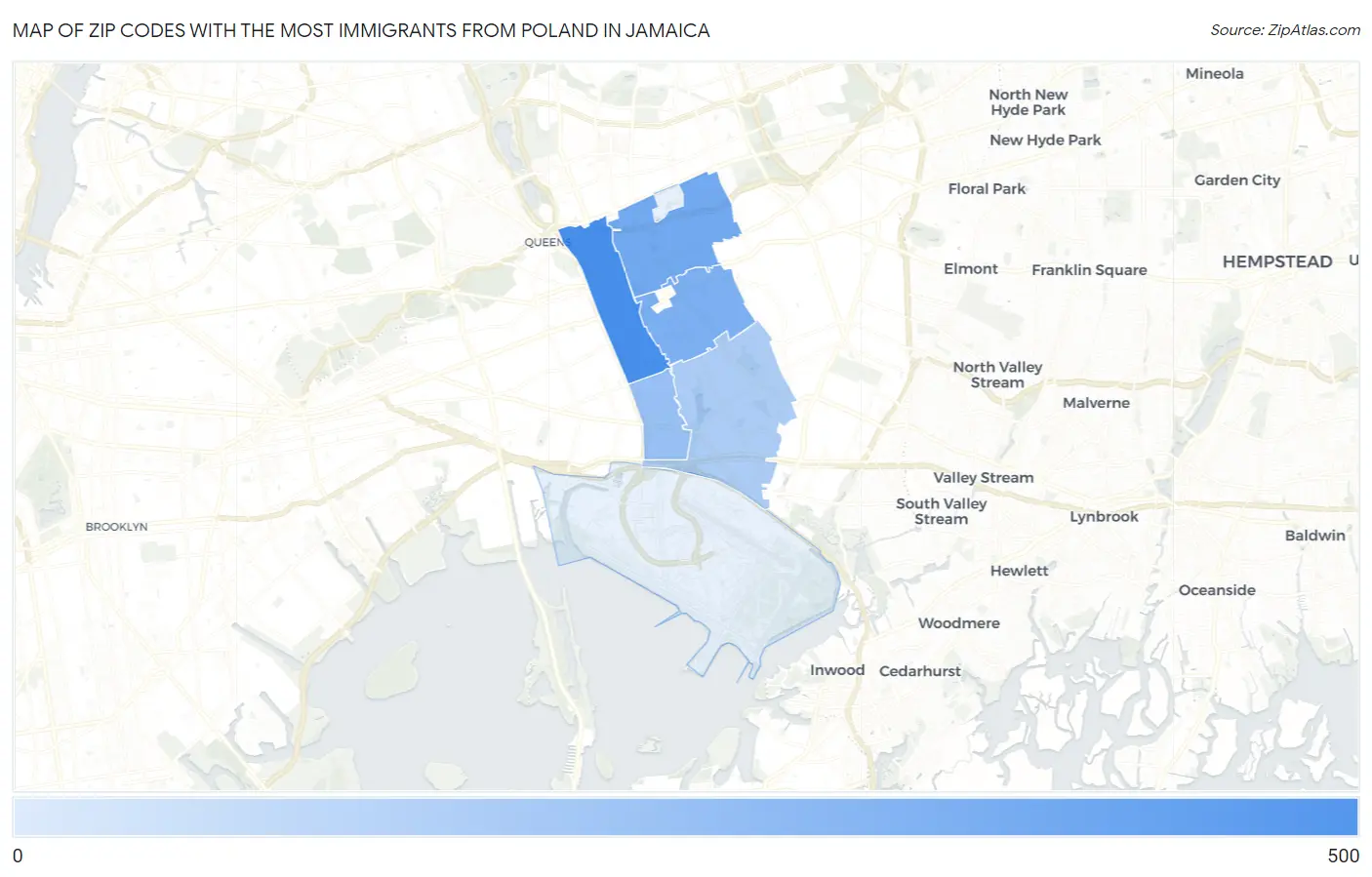 Zip Codes with the Most Immigrants from Poland in Jamaica Map