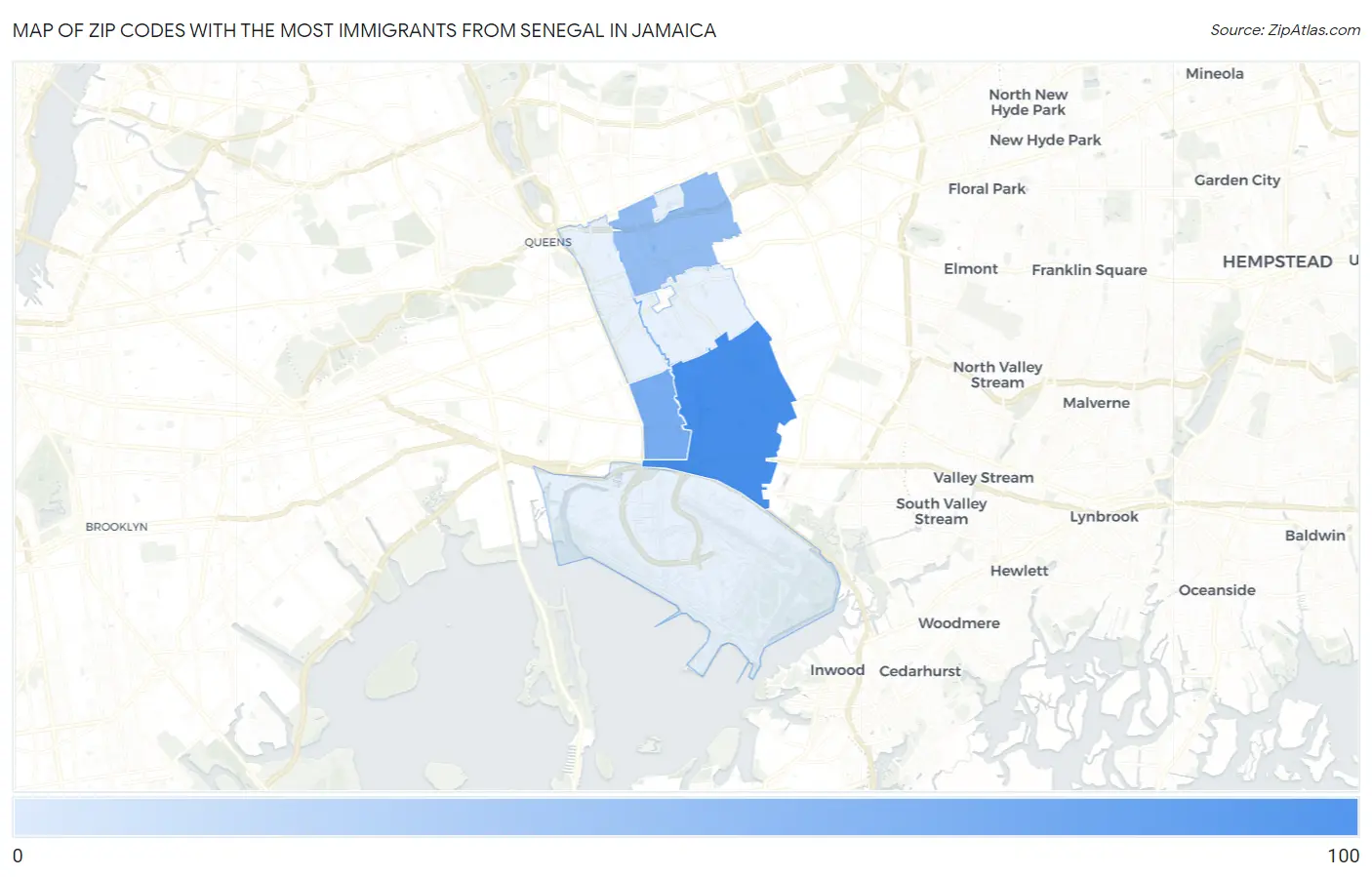 Zip Codes with the Most Immigrants from Senegal in Jamaica Map