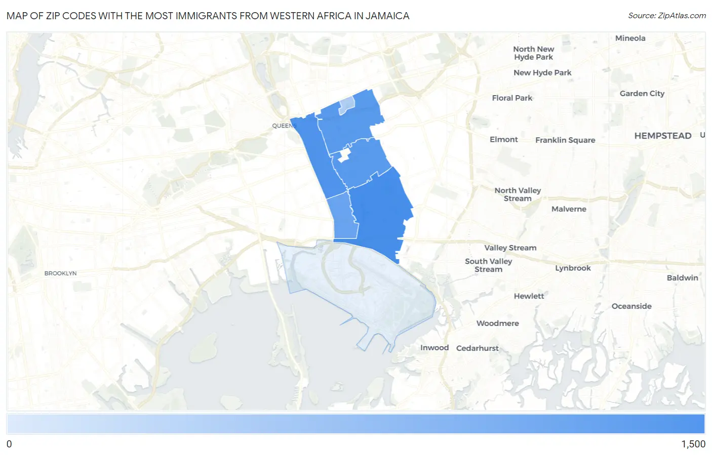 Zip Codes with the Most Immigrants from Western Africa in Jamaica Map