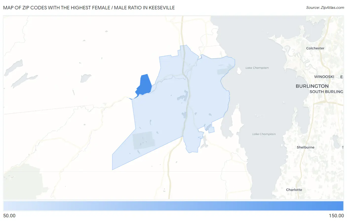 Zip Codes with the Highest Female / Male Ratio in Keeseville Map