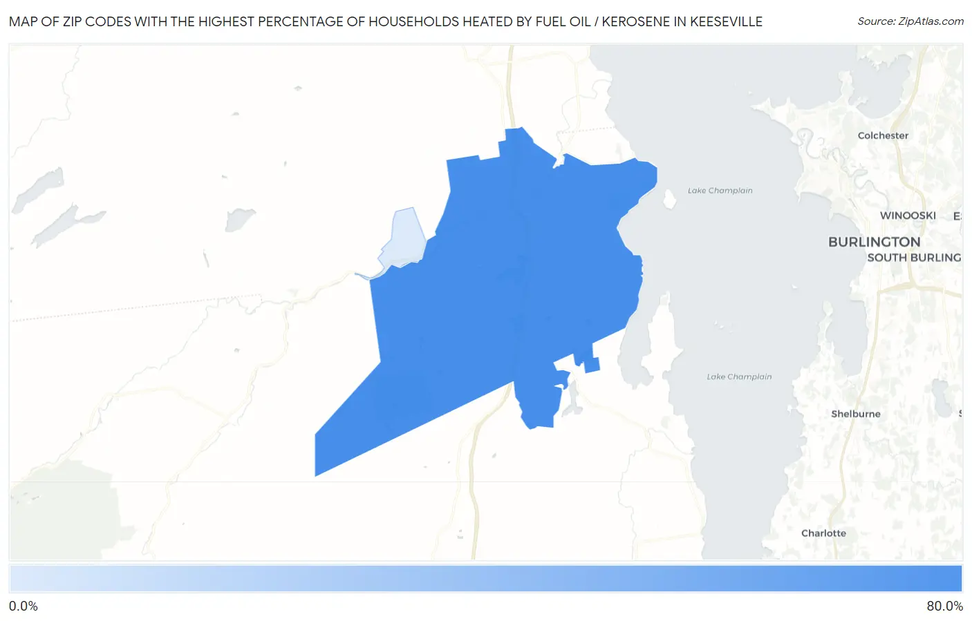 Zip Codes with the Highest Percentage of Households Heated by Fuel Oil / Kerosene in Keeseville Map