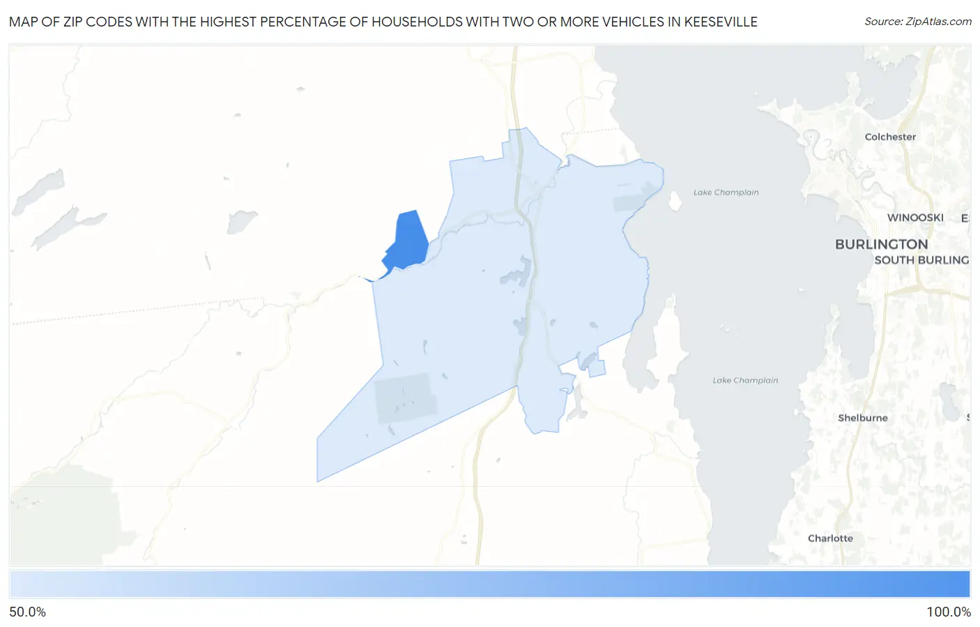 Zip Codes with the Highest Percentage of Households With Two or more Vehicles in Keeseville Map