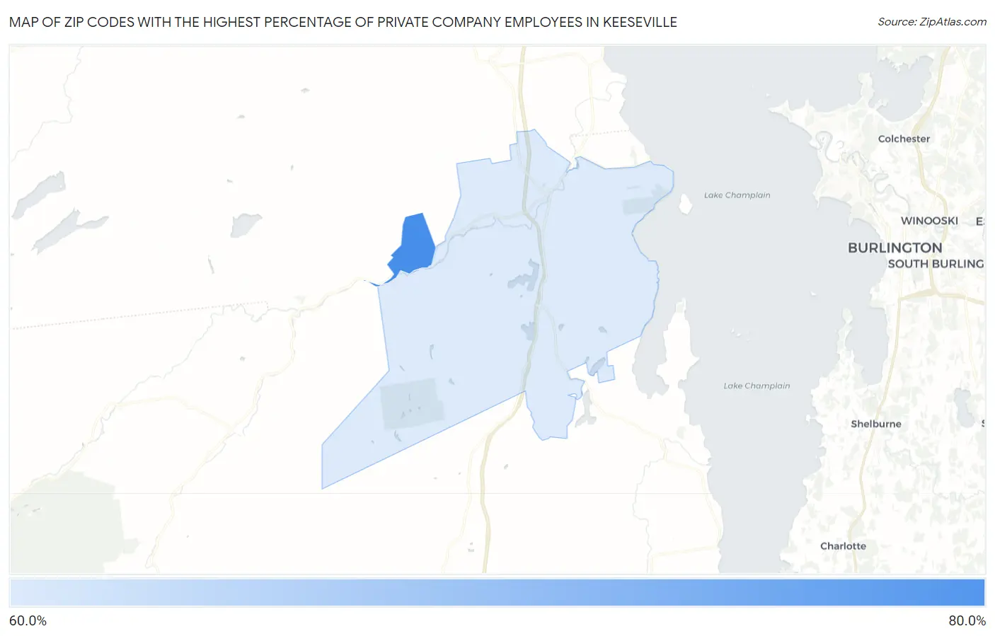 Zip Codes with the Highest Percentage of Private Company Employees in Keeseville Map