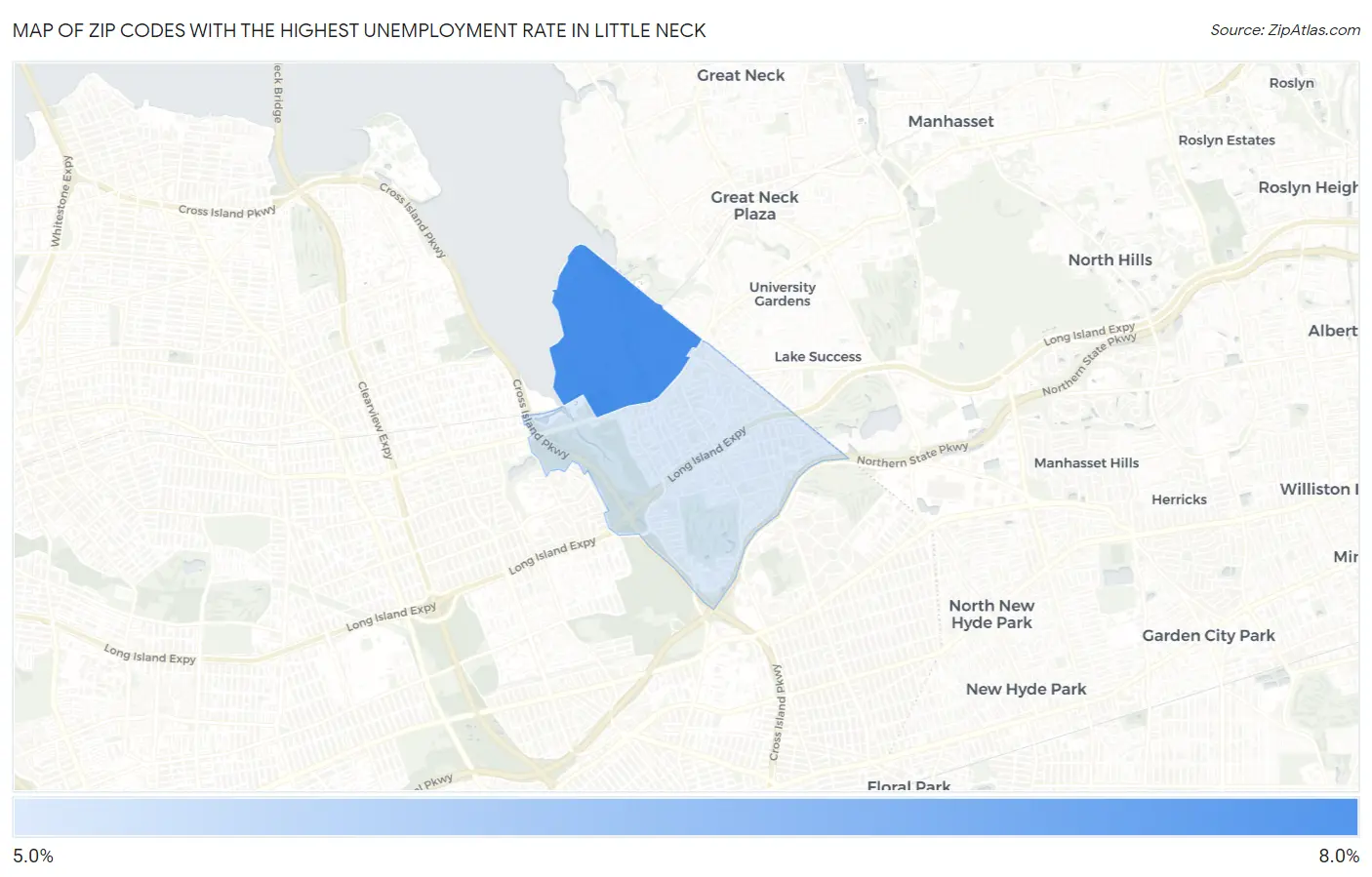 Zip Codes with the Highest Unemployment Rate in Little Neck Map