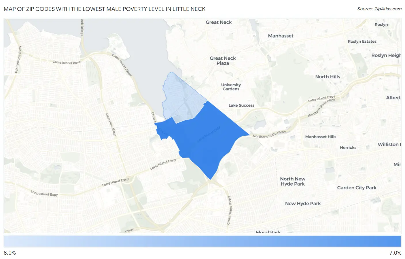 Zip Codes with the Lowest Male Poverty Level in Little Neck Map