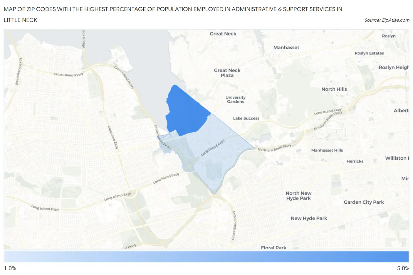 Zip Codes with the Highest Percentage of Population Employed in Administrative & Support Services in Little Neck Map