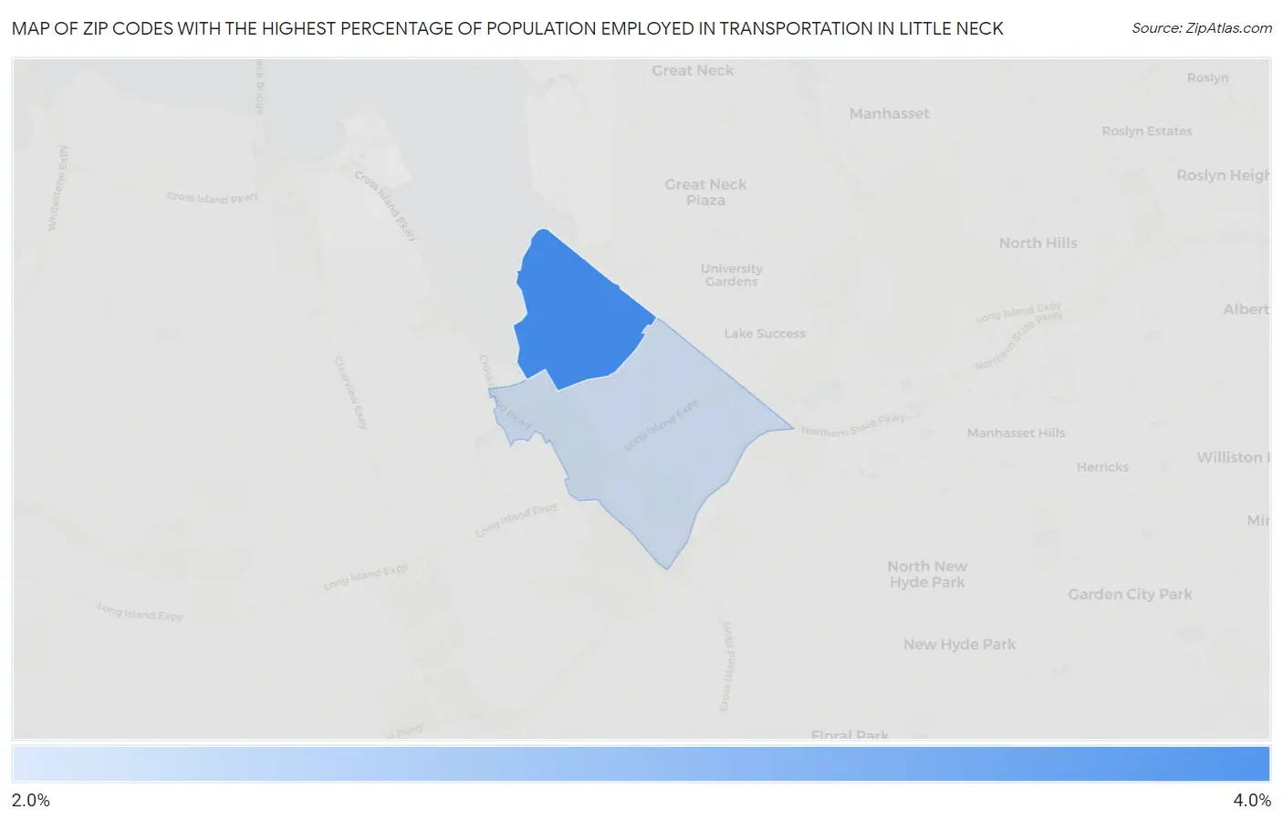Zip Codes with the Highest Percentage of Population Employed in Transportation in Little Neck Map