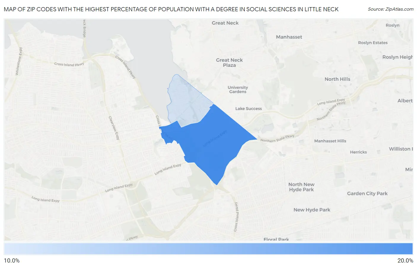 Zip Codes with the Highest Percentage of Population with a Degree in Social Sciences in Little Neck Map