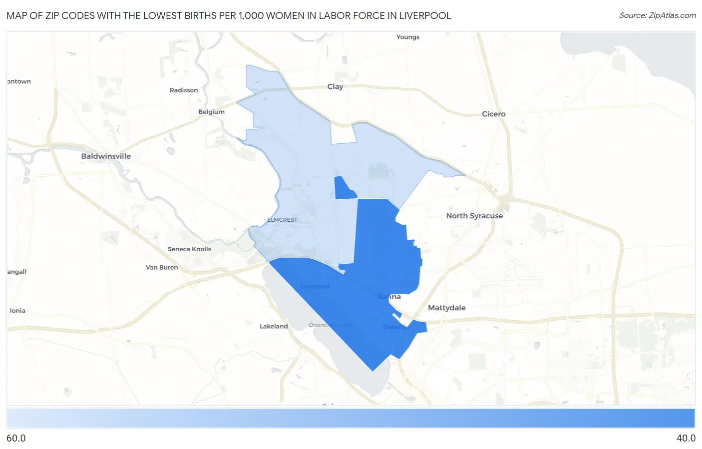 Zip Codes with the Lowest Births per 1,000 Women in Labor Force in Liverpool Map