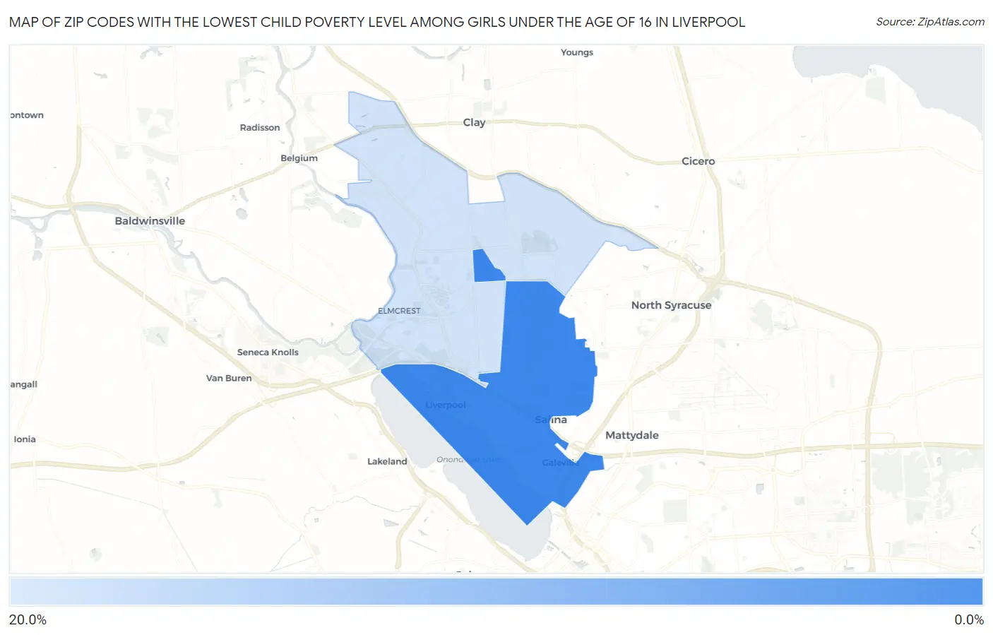 Zip Codes with the Lowest Child Poverty Level Among Girls Under the Age of 16 in Liverpool Map