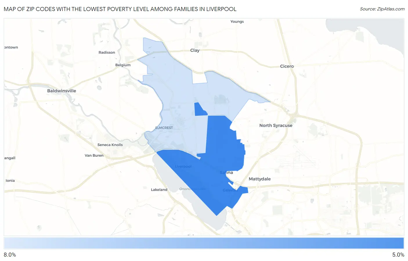 Zip Codes with the Lowest Poverty Level Among Families in Liverpool Map