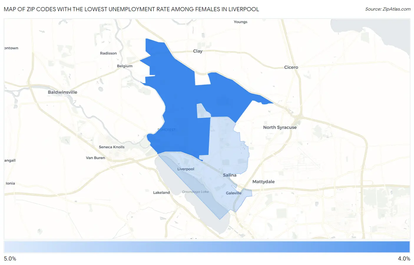 Zip Codes with the Lowest Unemployment Rate Among Females in Liverpool Map