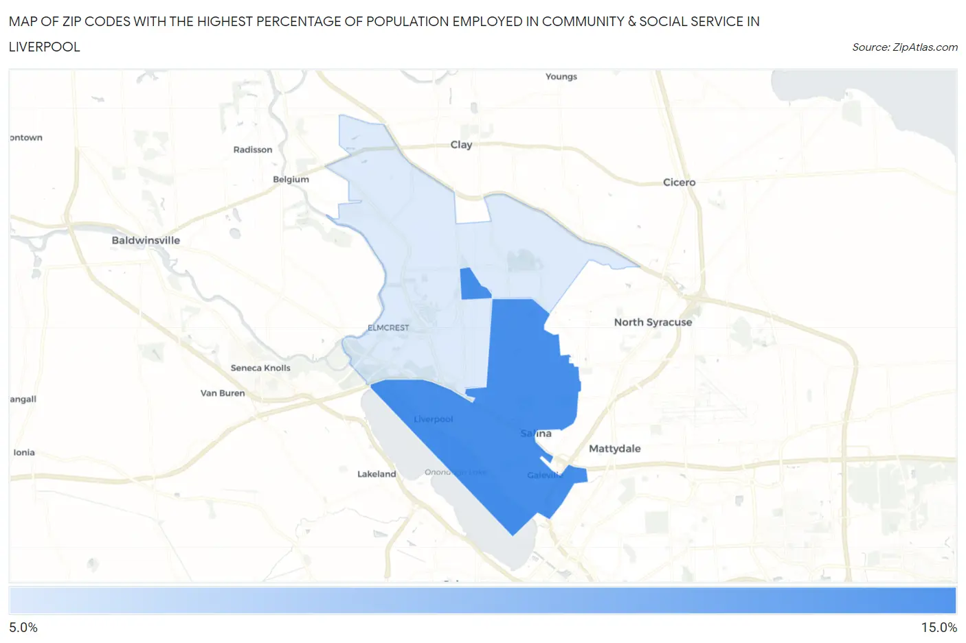 Zip Codes with the Highest Percentage of Population Employed in Community & Social Service  in Liverpool Map