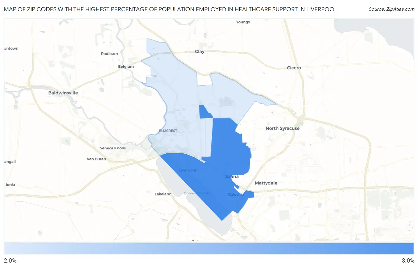Zip Codes with the Highest Percentage of Population Employed in Healthcare Support in Liverpool Map