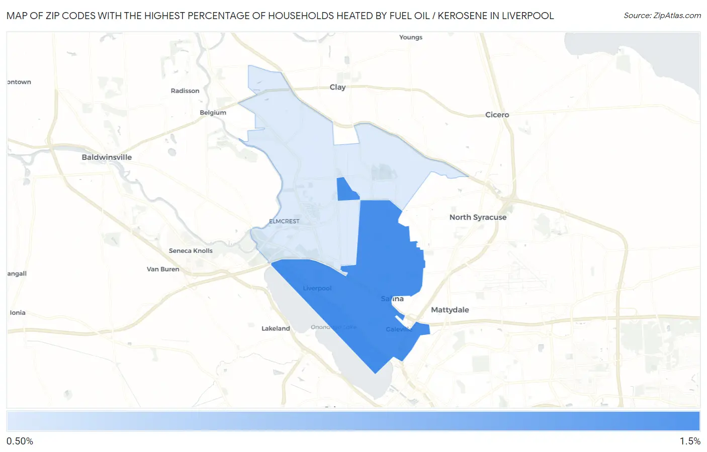 Zip Codes with the Highest Percentage of Households Heated by Fuel Oil / Kerosene in Liverpool Map