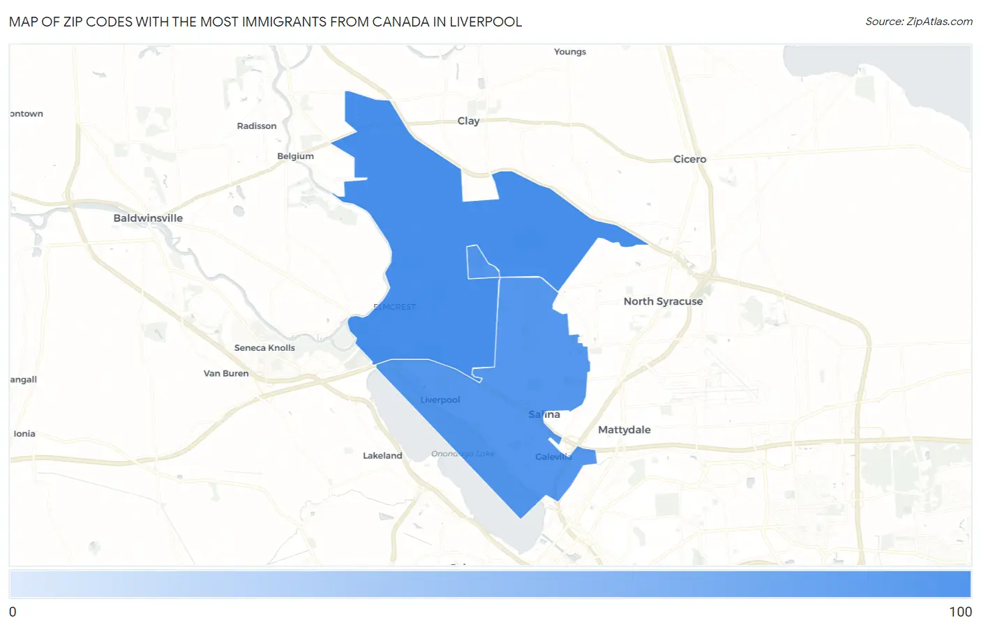 Zip Codes with the Most Immigrants from Canada in Liverpool Map