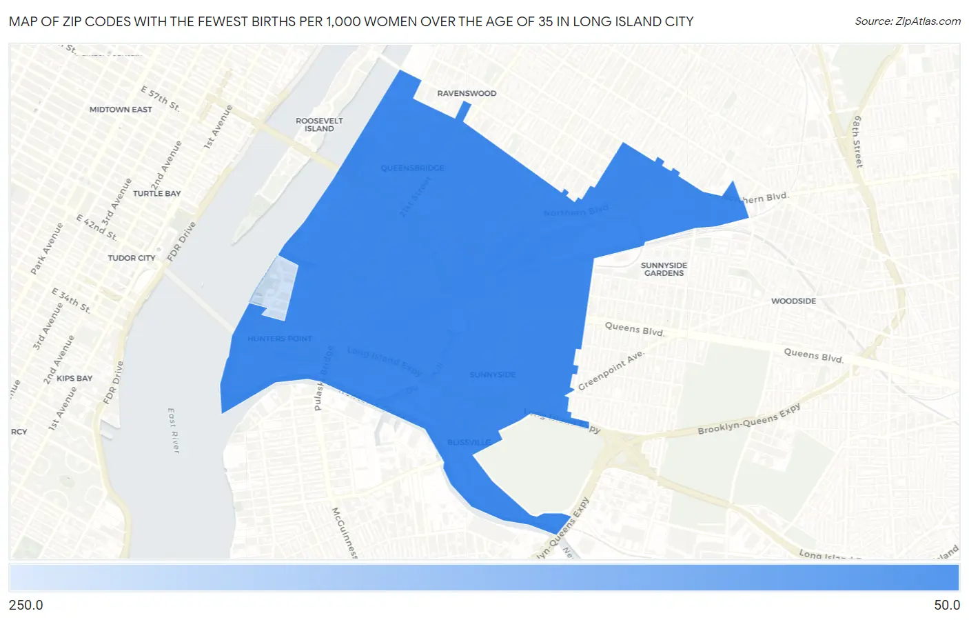 Zip Codes with the Fewest Births per 1,000 Women Over the Age of 35 in Long Island City Map