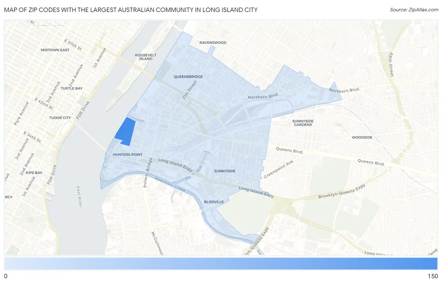 Zip Codes with the Largest Australian Community in Long Island City Map