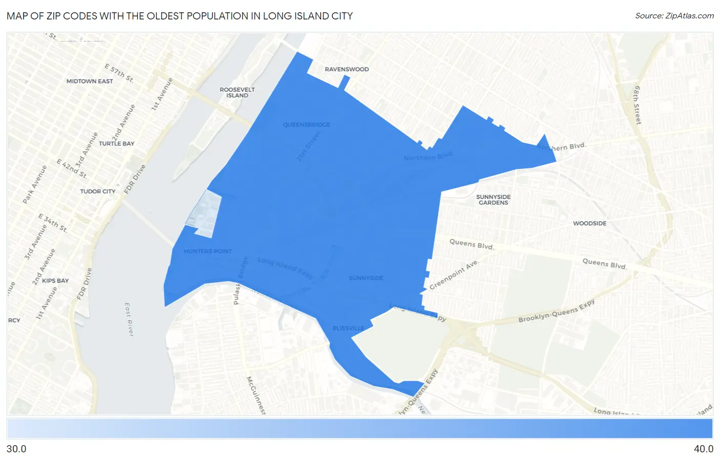 Zip Codes with the Oldest Population in Long Island City Map