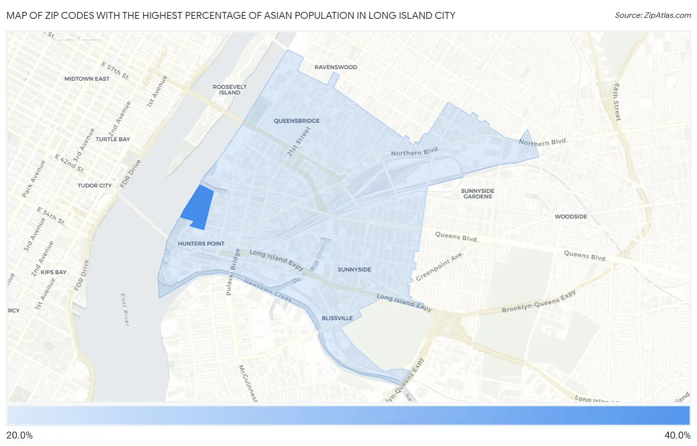 Zip Codes with the Highest Percentage of Asian Population in Long Island City Map