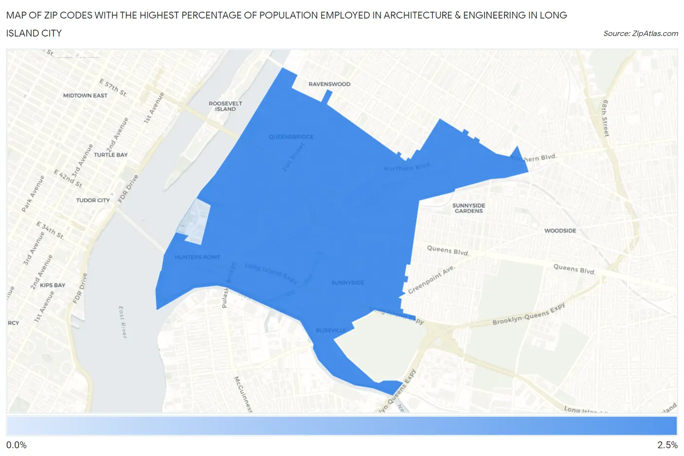 Zip Codes with the Highest Percentage of Population Employed in Architecture & Engineering in Long Island City Map