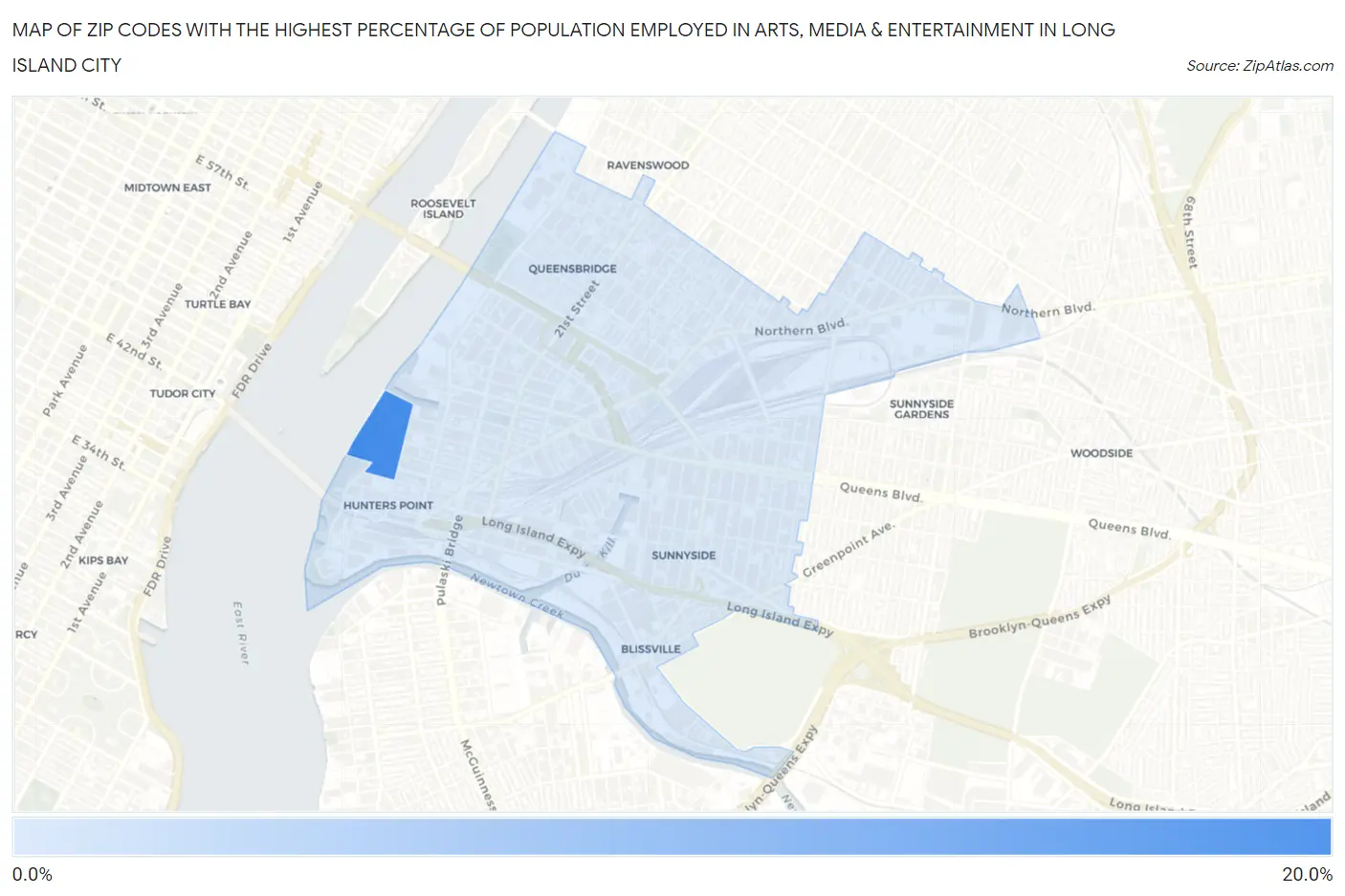 Zip Codes with the Highest Percentage of Population Employed in Arts, Media & Entertainment in Long Island City Map