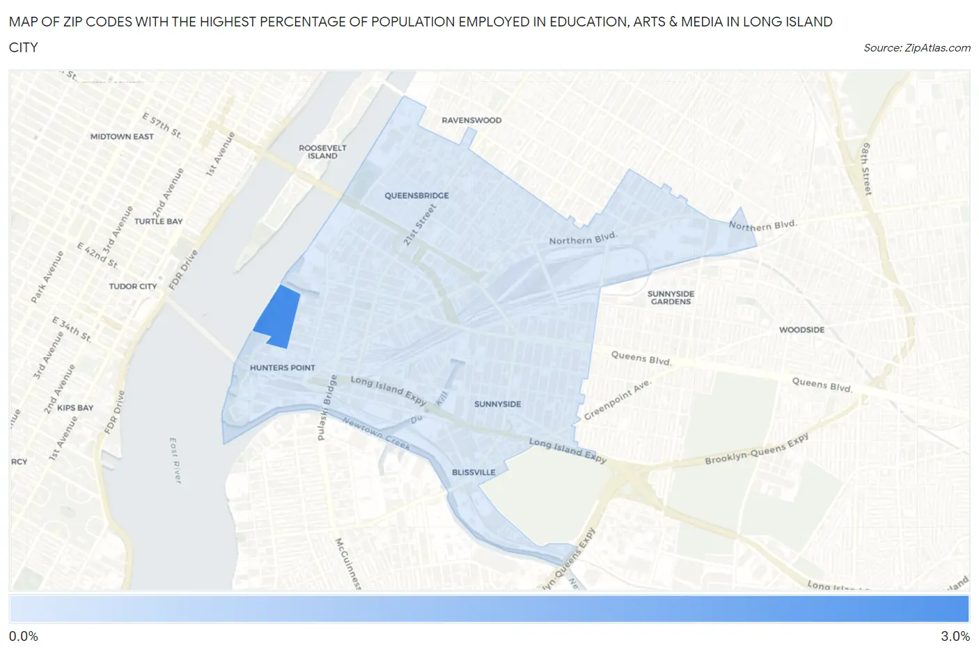 Zip Codes with the Highest Percentage of Population Employed in Education, Arts & Media in Long Island City Map