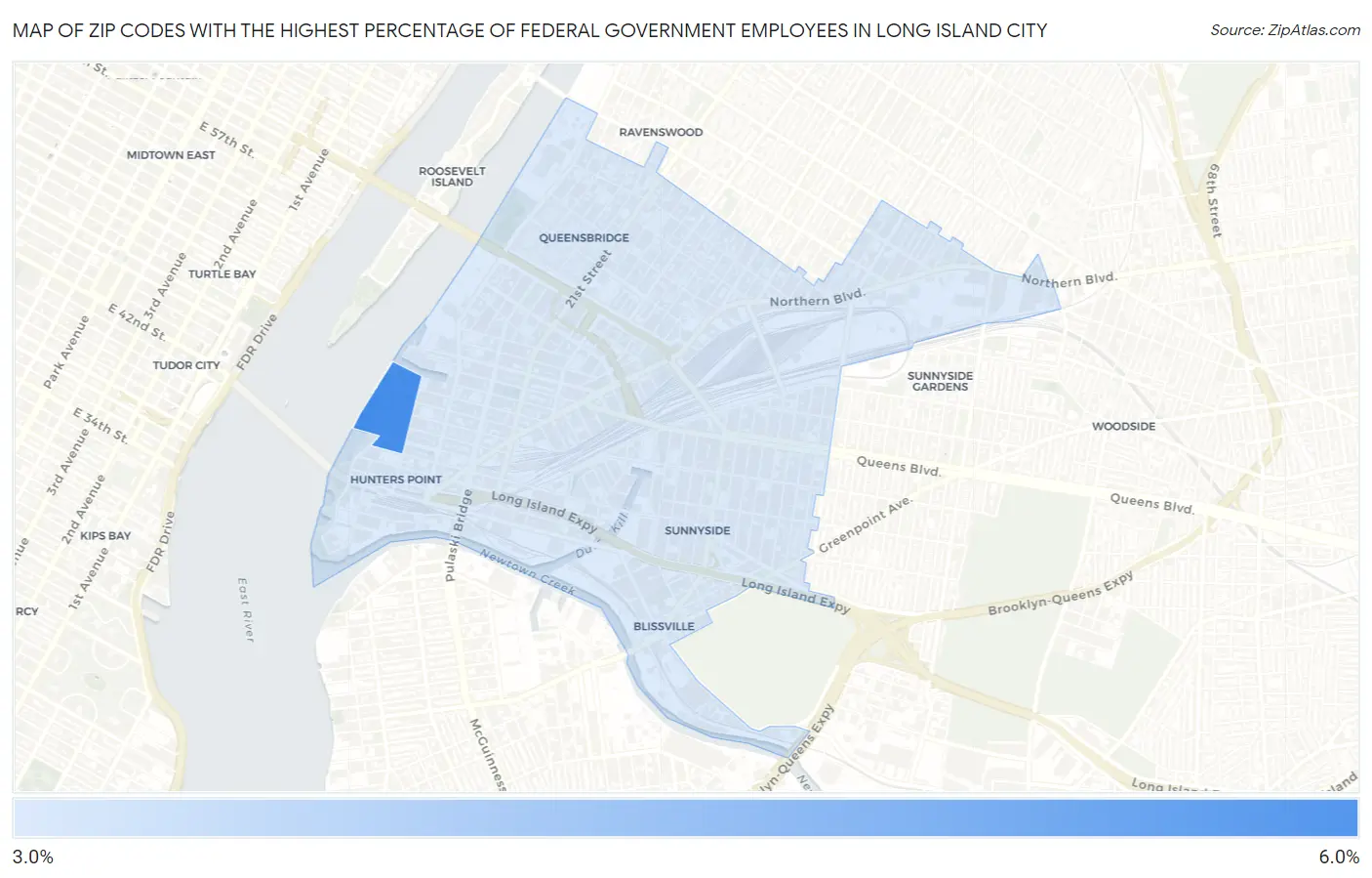 Zip Codes with the Highest Percentage of Federal Government Employees in Long Island City Map