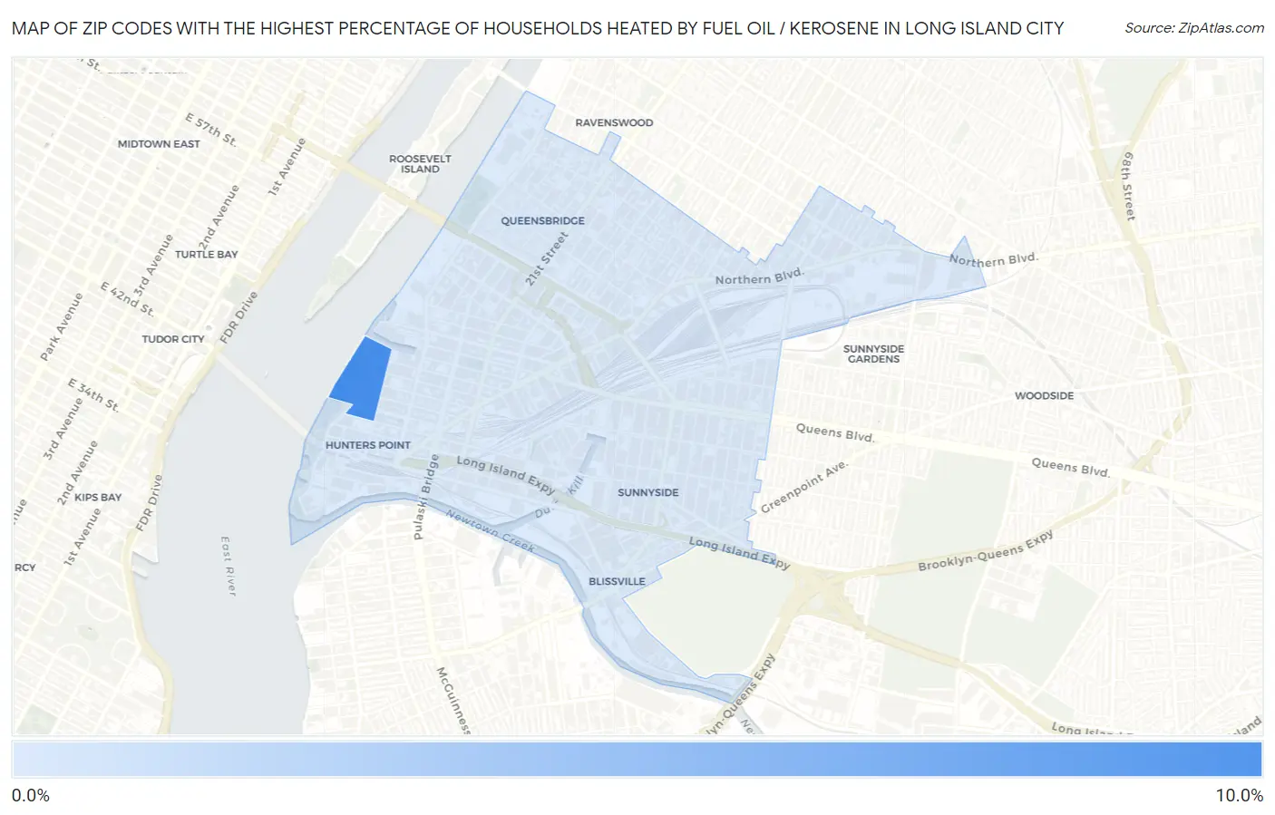 Zip Codes with the Highest Percentage of Households Heated by Fuel Oil / Kerosene in Long Island City Map