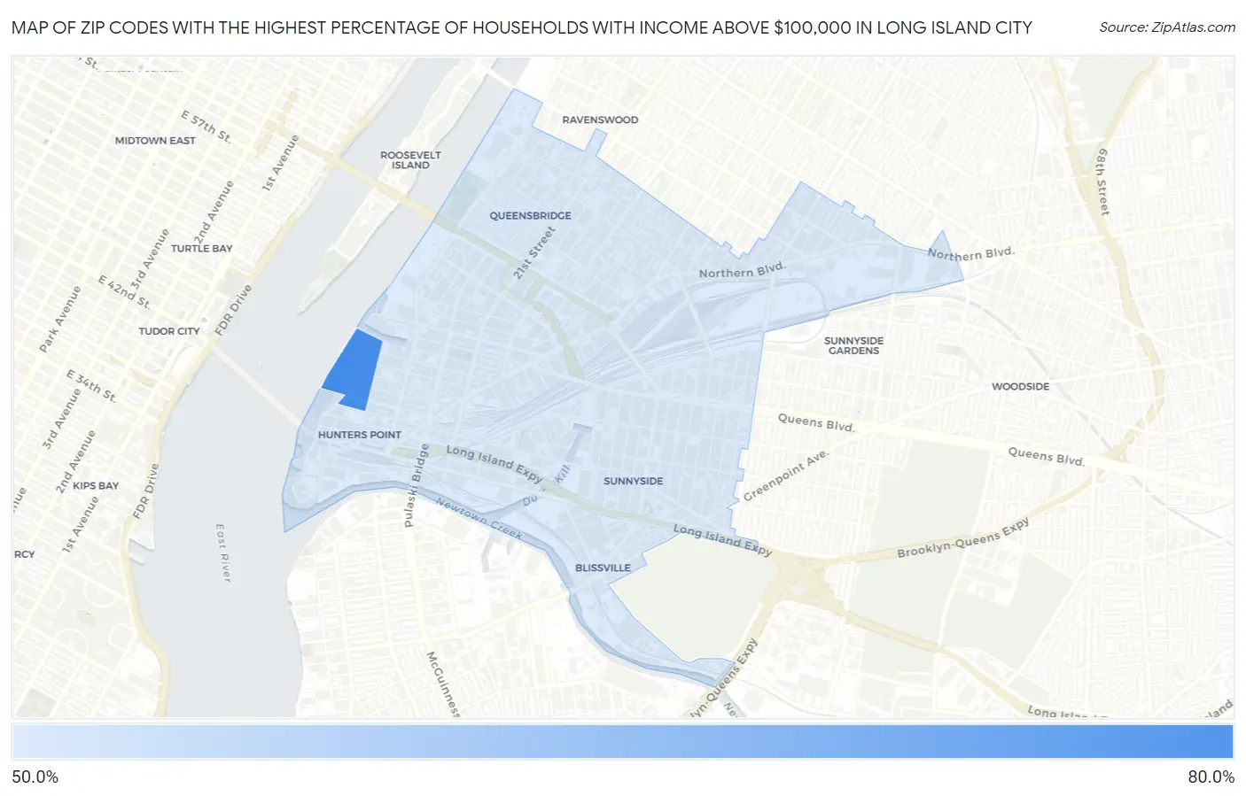 Zip Codes with the Highest Percentage of Households with Income Above $100,000 in Long Island City Map