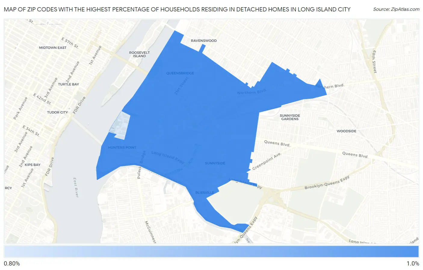 Zip Codes with the Highest Percentage of Households Residing in Detached Homes in Long Island City Map