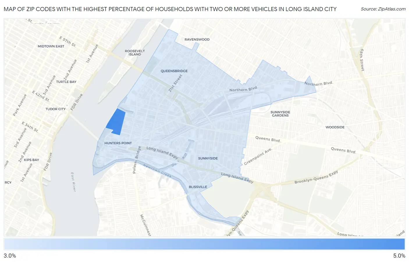 Zip Codes with the Highest Percentage of Households With Two or more Vehicles in Long Island City Map