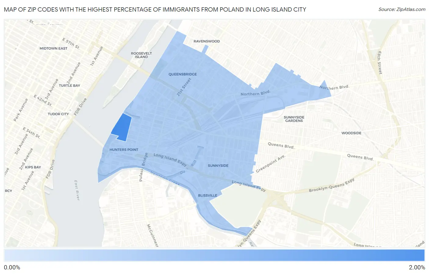 Zip Codes with the Highest Percentage of Immigrants from Poland in Long Island City Map