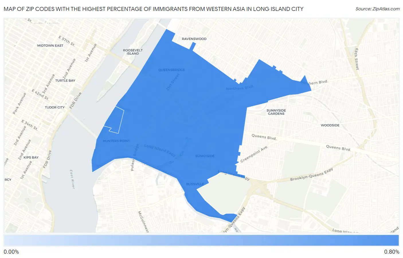 Zip Codes with the Highest Percentage of Immigrants from Western Asia in Long Island City Map