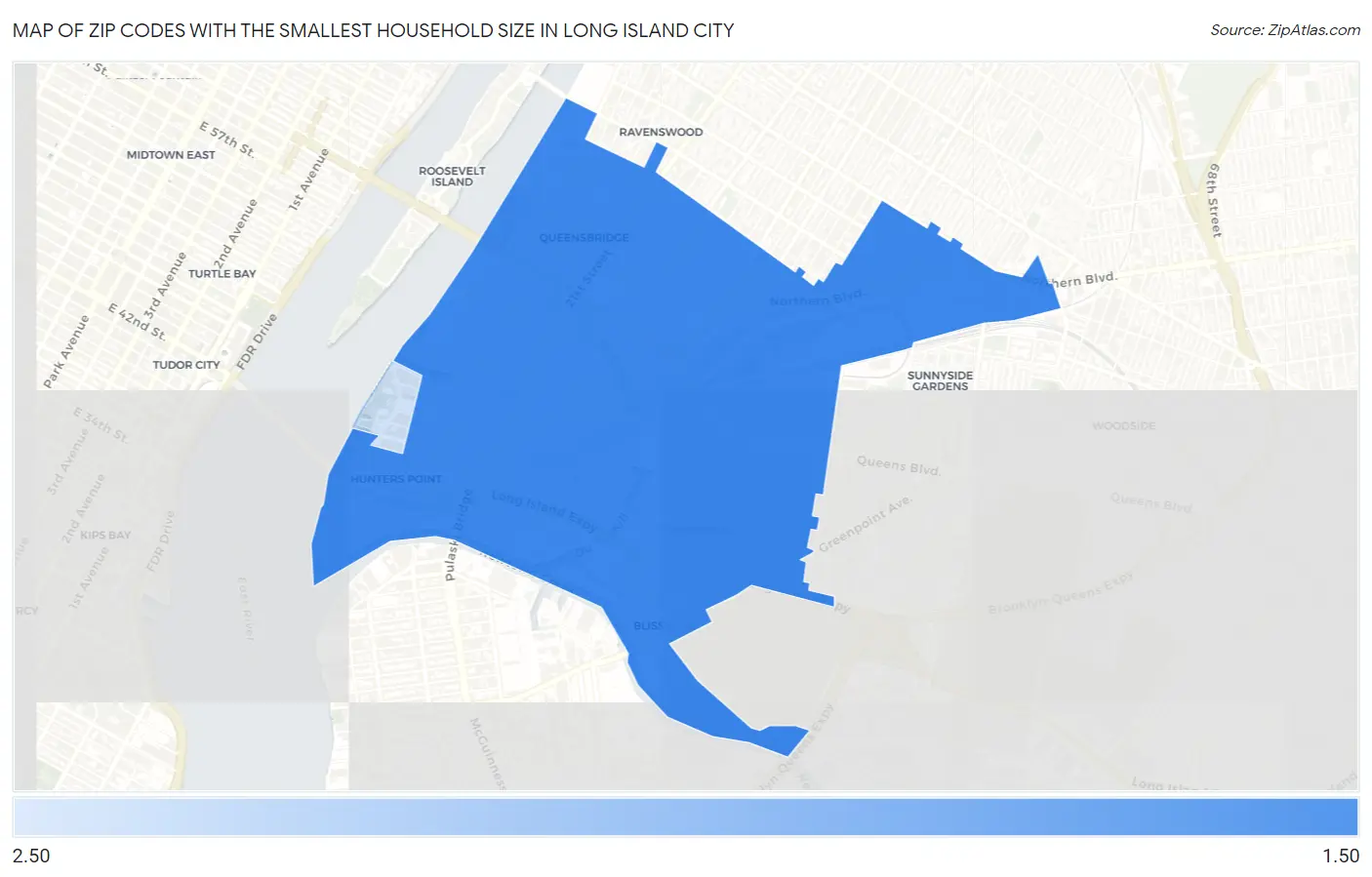 Zip Codes with the Smallest Household Size in Long Island City Map